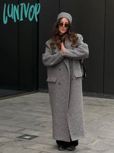 Lunivop Elegant Grey Women’s Long Blends Woolen Coat Chic Loose Lapel Double Breasted Oversized